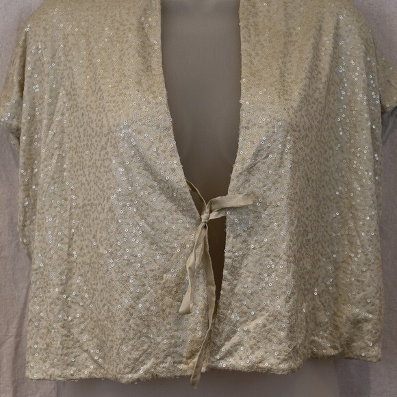 Eileen Fisher Cropped Silk Tie-Front Bolero Jacket Hand-Sewn Beaded Large - Picture 4 of 14